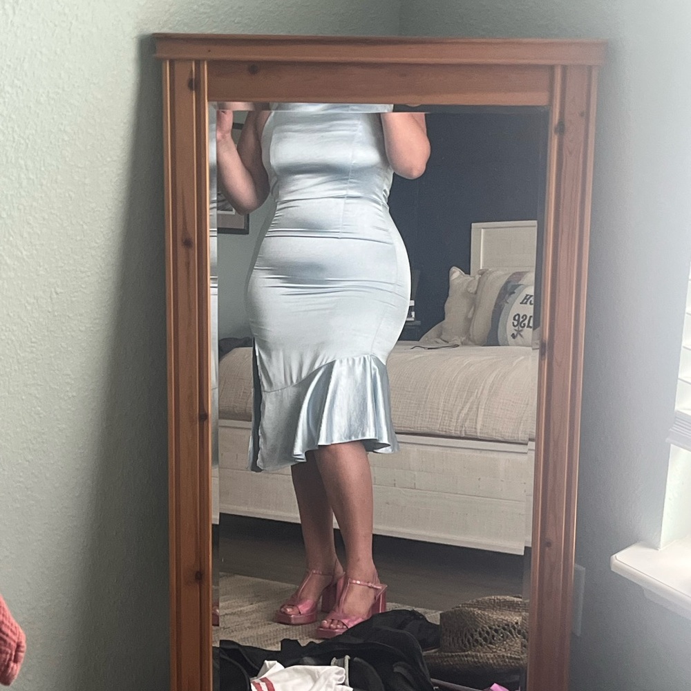 Baby Blue Silk Dress with Left Thigh Slit and Adjustable Straps